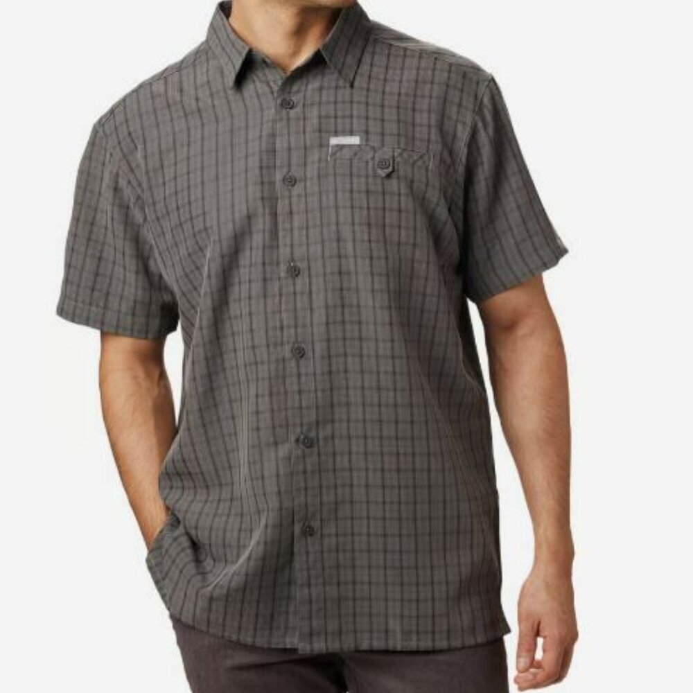 Columbia Declination Trail Shirt S Grey Button Front Short Sleeve Outdoor Hiking